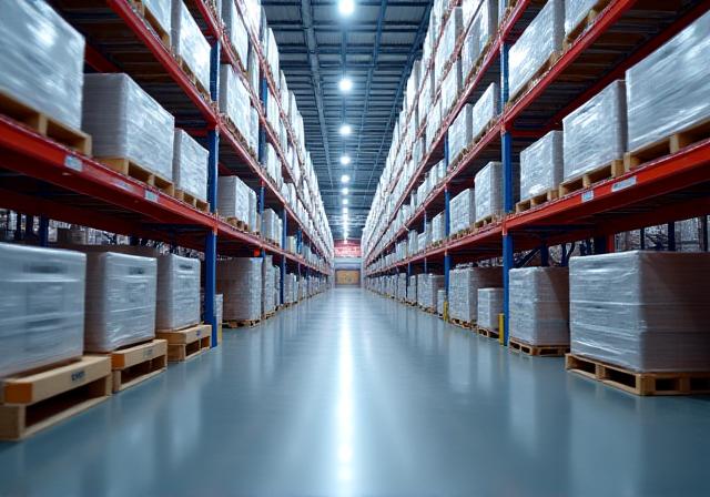 Modern automated logistics hub with high-density shelving