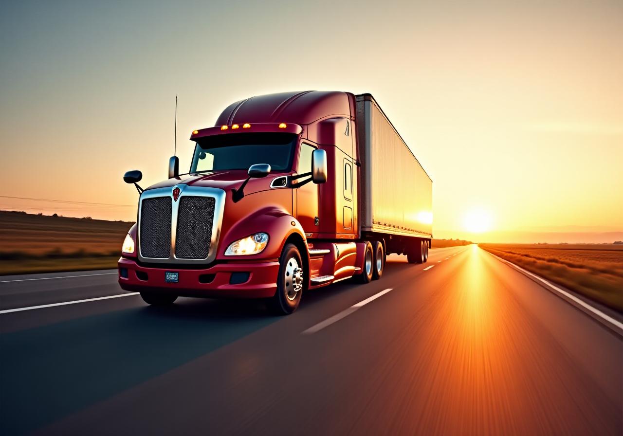 Modern logistics truck on a highway at sunset